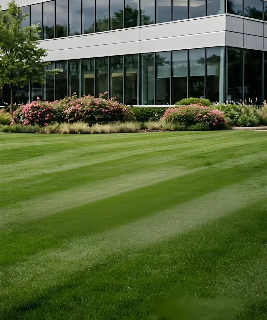 Manicured Lawn Outside Glass Office Building