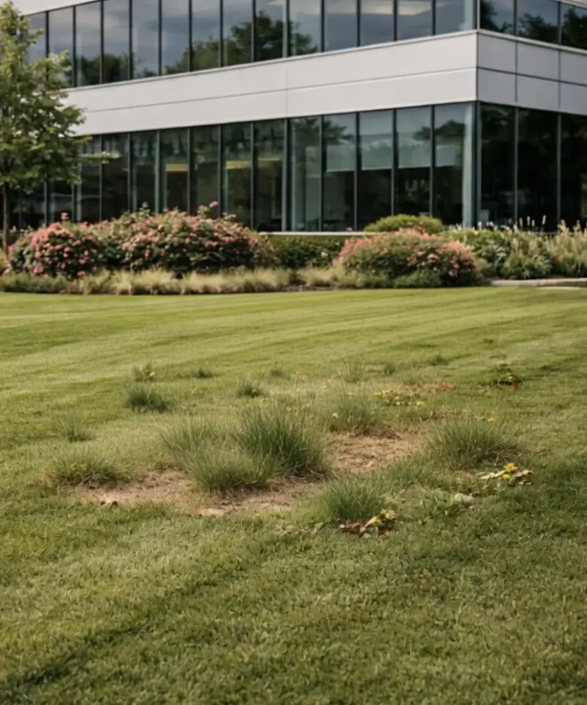 Before Lawn Restoration at Office Building Exterior