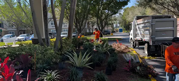 Landscaping Crew Planting Near Roadside Truck