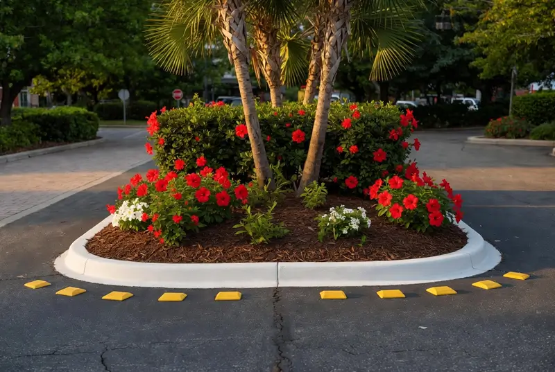 After: Parking Lot Island With Palm Trees And Red Flowering Plants