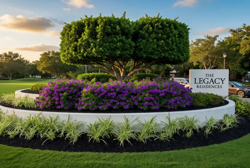 After: The Legacy Residences Entrance With Purple Flowers And Trimmed Tree