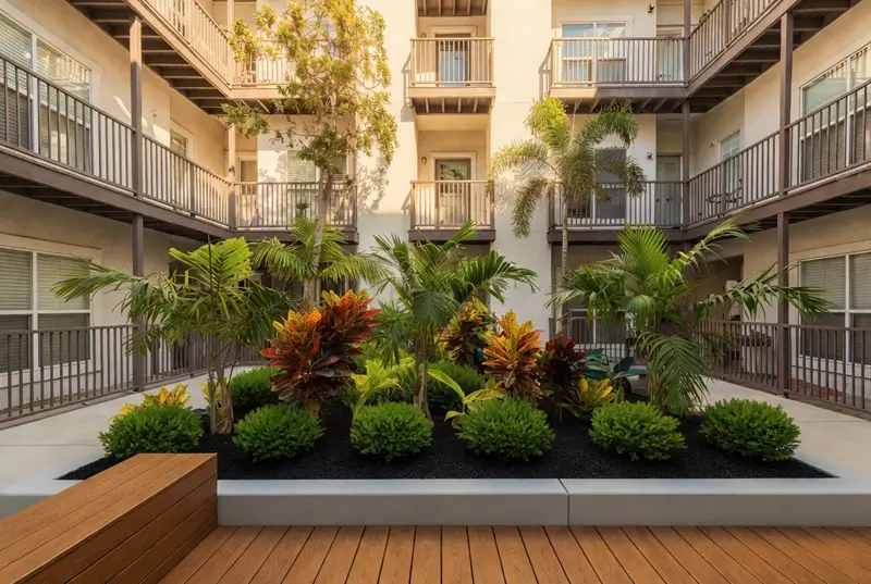 After: Lush Tropical Courtyard Garden Of Apartment Complex