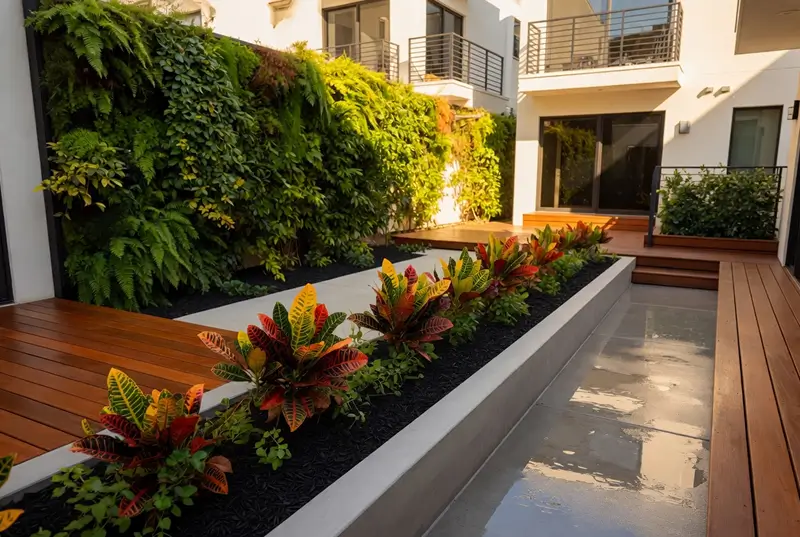 After Courtyard Garden With Lush Vertical Green Wall And Colorful Plants
