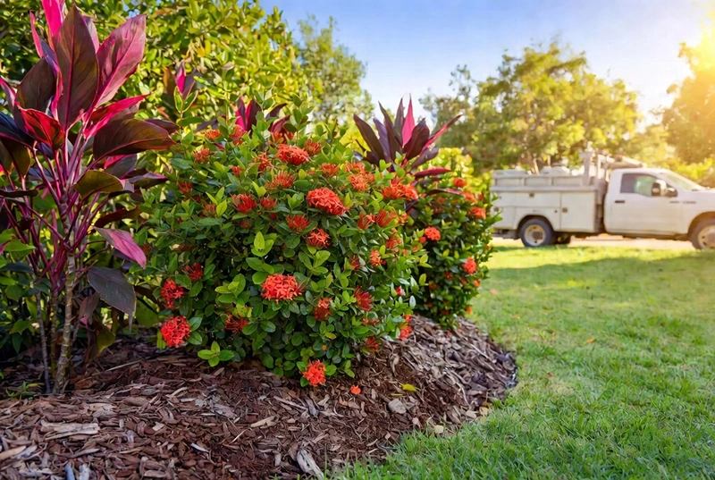 After: Orange Ixora And Red Cordyline With Landscaping