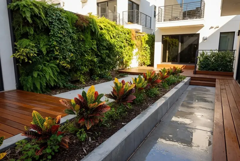 Before Courtyard Garden With Empty Planter And Green Wall