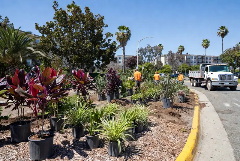 Before: Landscaping Crew Planting Tropical Plants Along Roadside