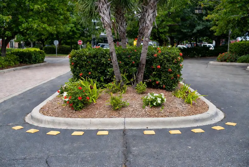 Before: Parking Lot Island With Palm Trees And Red Flowering Plants